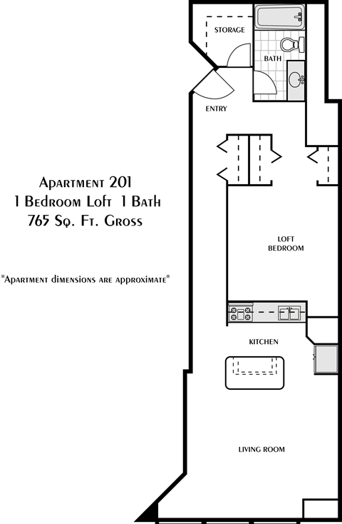 Floor plan for 1 bed, 1 bath, 765 sqft